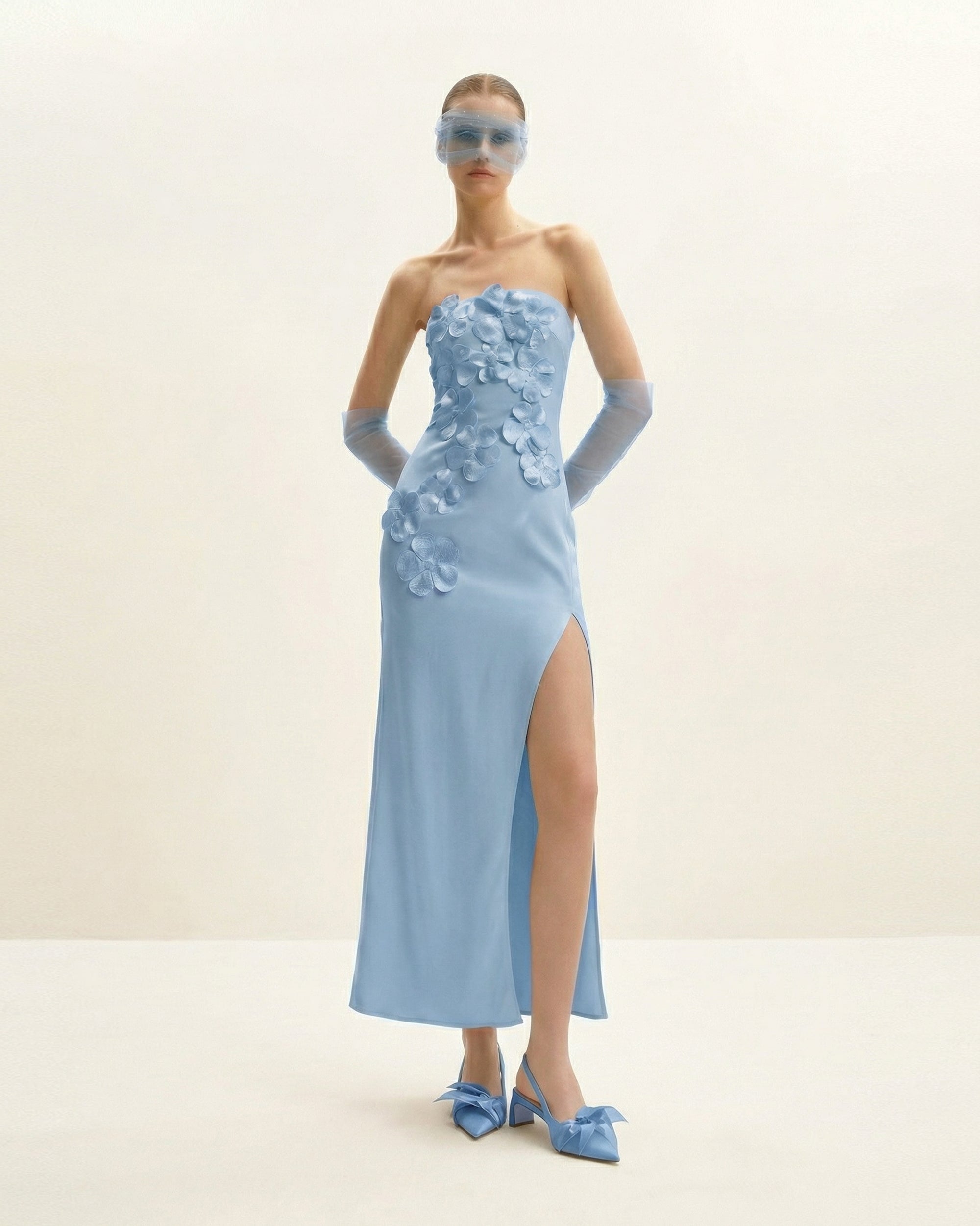 Floral Embroidered Long Dress - Blue