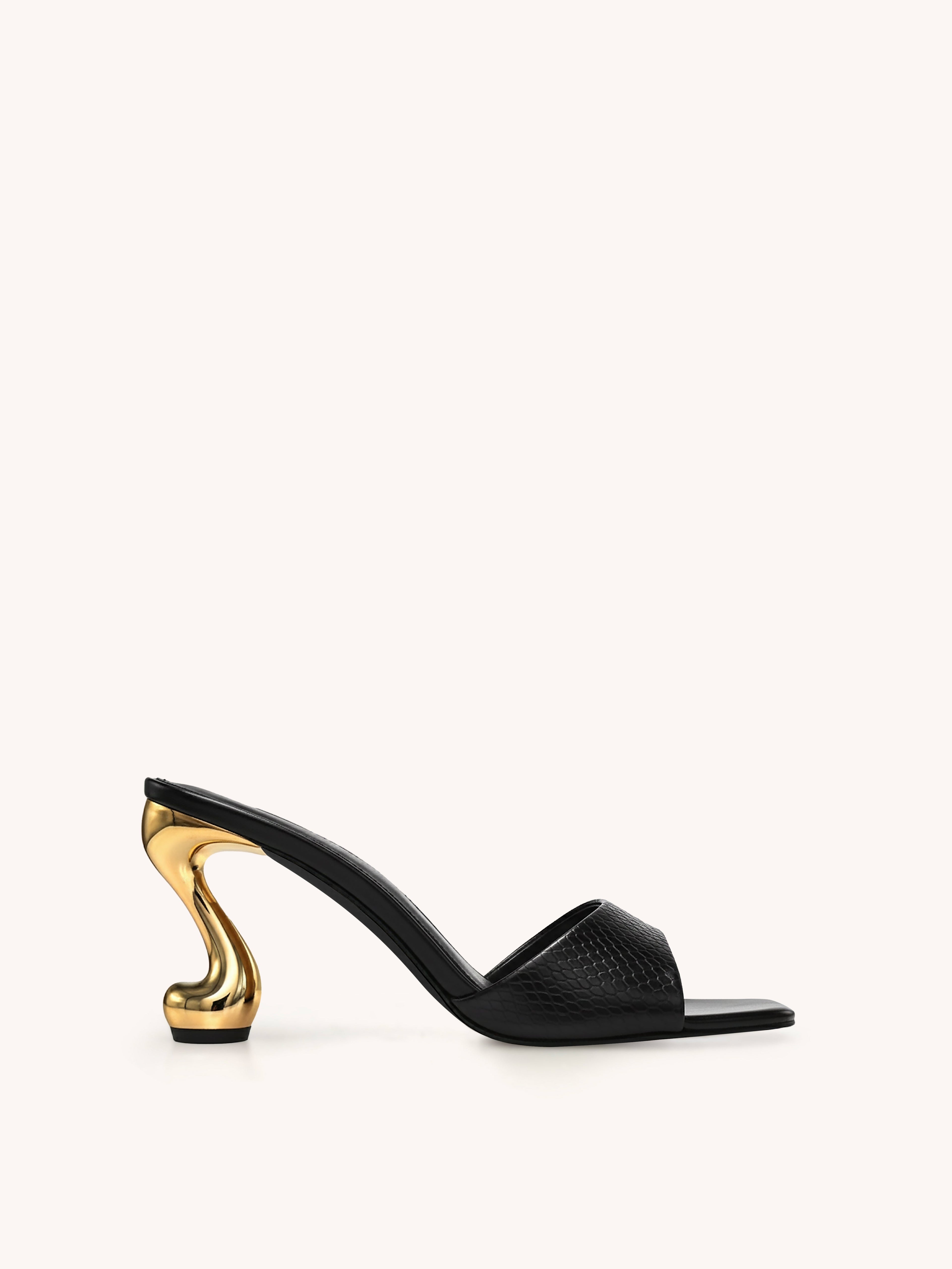 Hannah Faux Snakeskin Heel Mules - Black