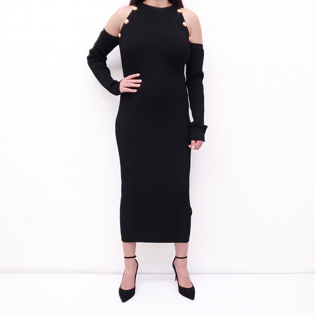 BALMAIN BLACK DRESS WITH GOLD BUTTONS - SIZE 50