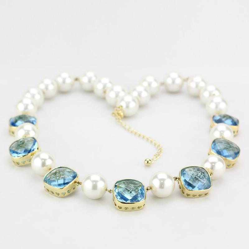 Gold Brass Necklace with Synthetic Synthetic Glass in Sea Blue