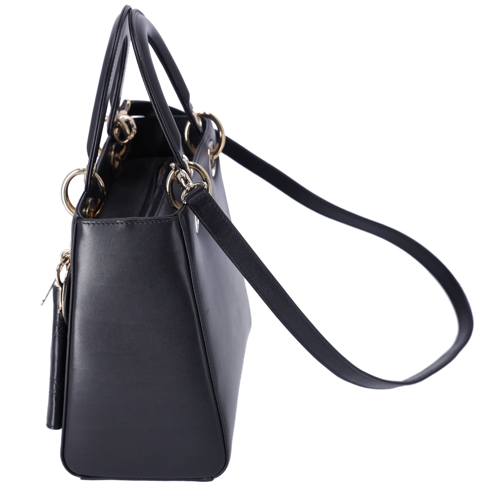 Christian Dior Lady Dior Medium Bag Handbag Black Blue Calf Skin