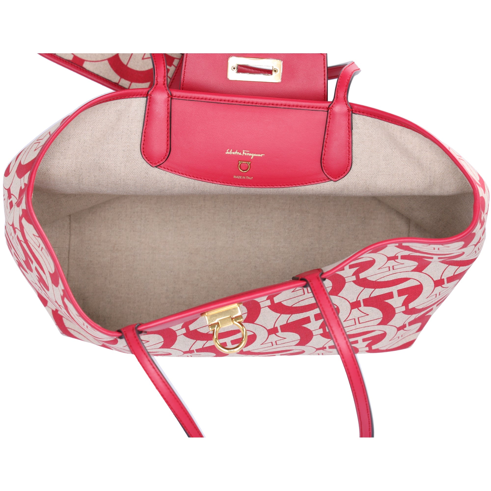 Salvatore Ferragamo Gancini Tote Bag Beige Red Canvas Leather
