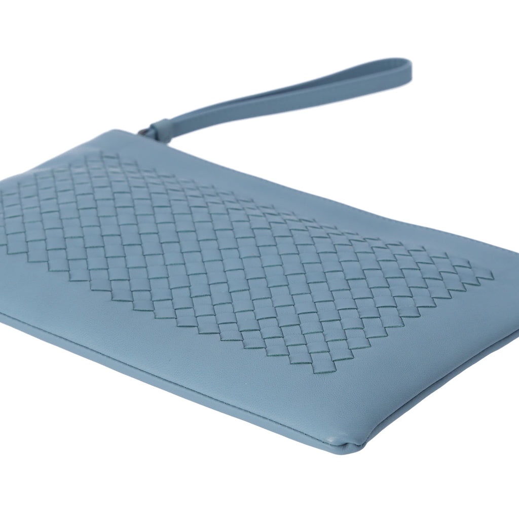 BOTTEGA VENETA Intrecciato Clutch Bag Light Blue Leather Pouch