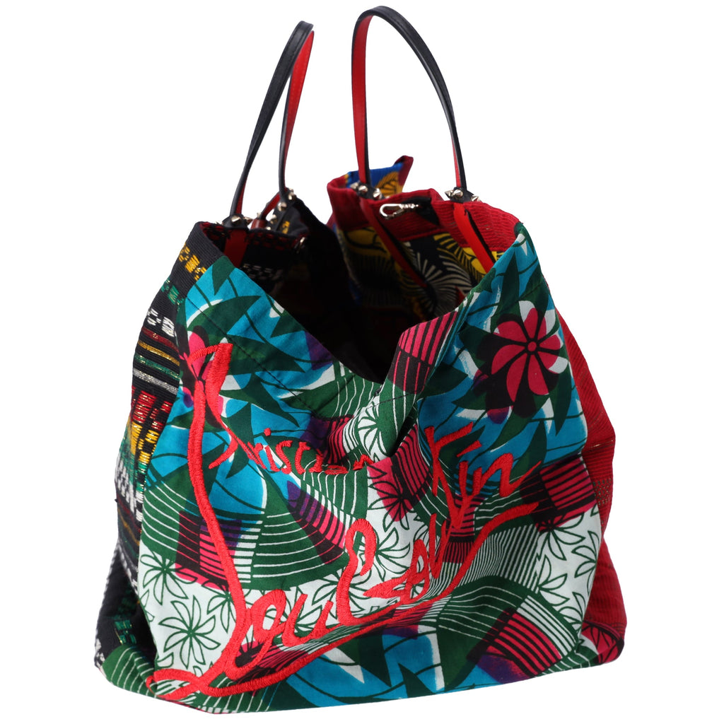 Christian Louboutin Africaba Tote Bag Black Red Multi Jacquard Cotton Leather