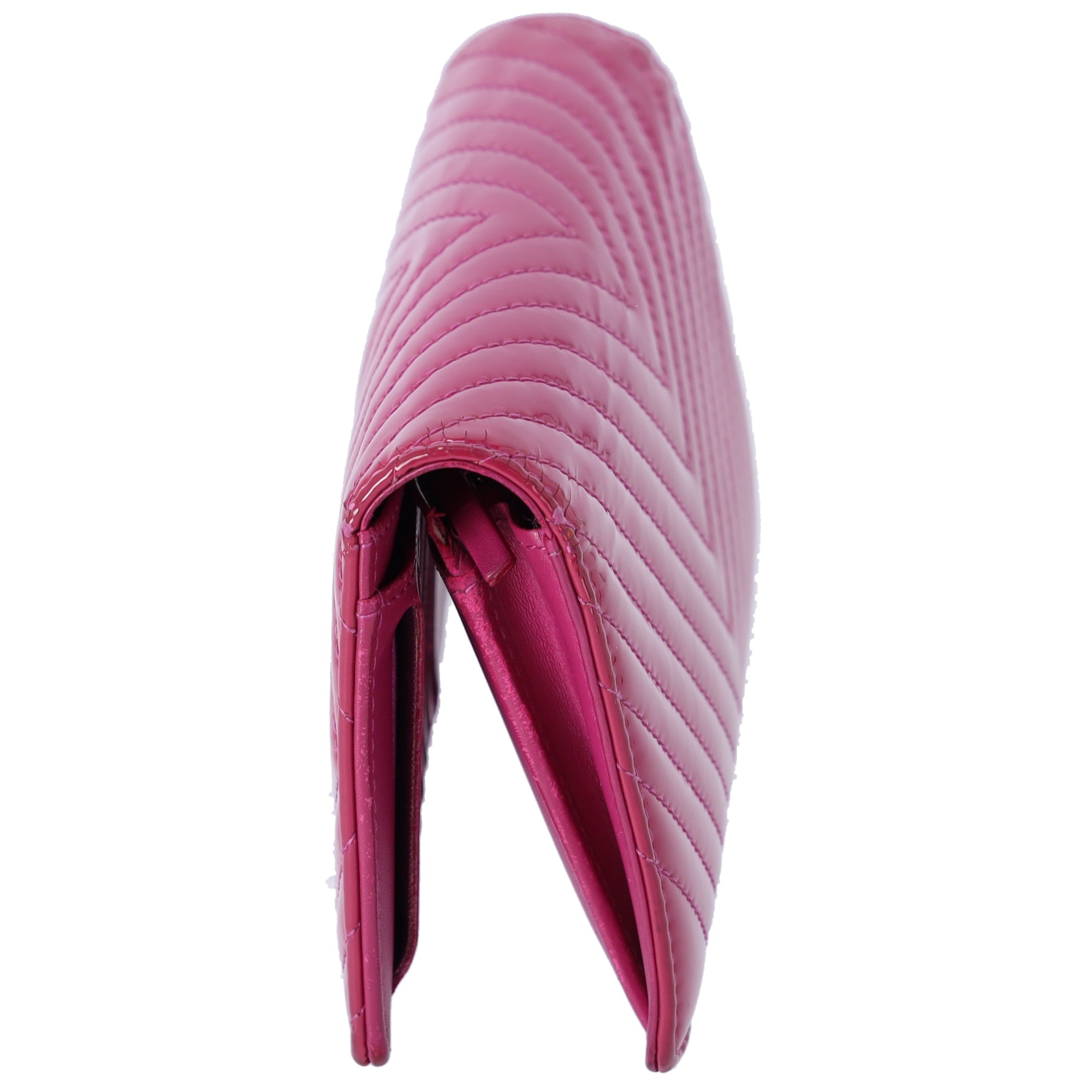 CHANEL V Stitch Chevron Long Bifold Wallet Pink Patent Leather