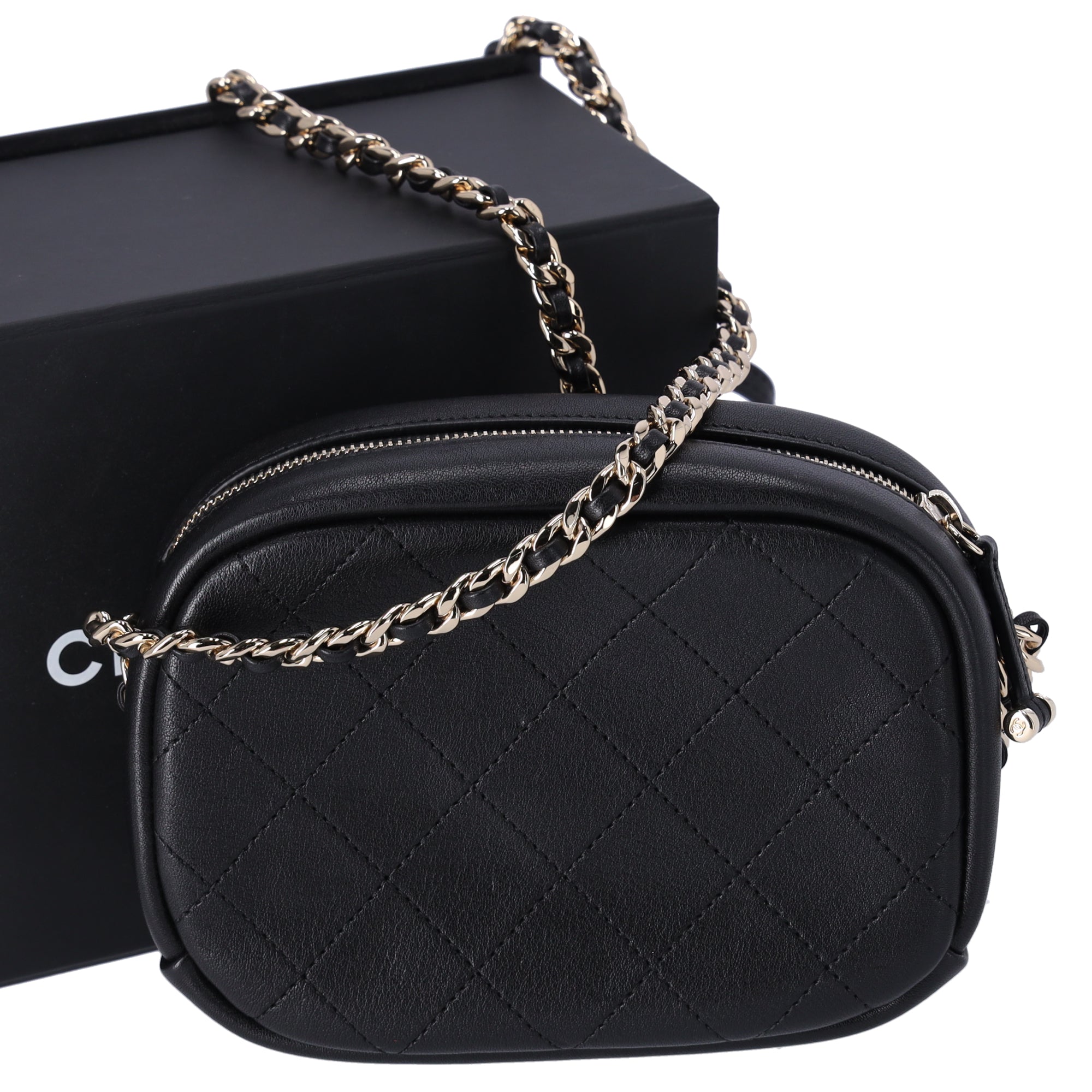 Chanel Quilted Lambskin Small Casual Trip Camera Bag Crossbody Black