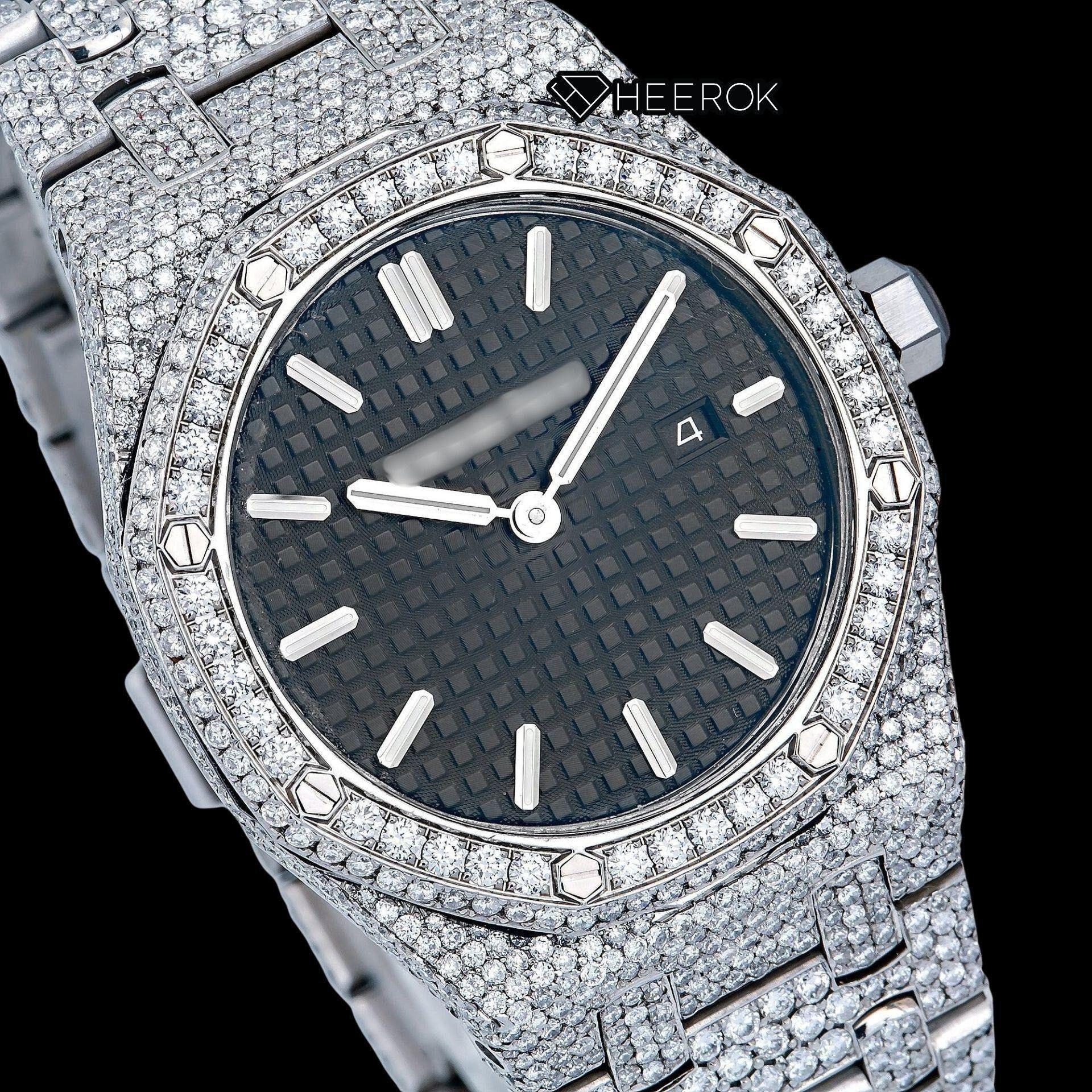 AP Royal Oak Black Dial White Stick Markers Diamond Bezel Fully Iced Moissanite Diamond Watch For Women