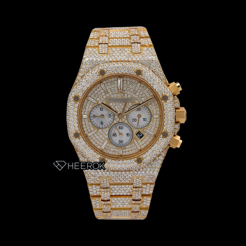 AP Royal Oak Chronograph Full Pave Diamond Dial Baguette Diamond Markers Diamond Bezel Yellow Gold Fully Iced Out Moissanite Watch