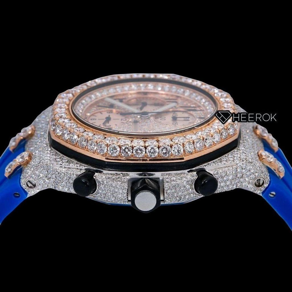 AP Royal Oak Offshore Chronograph Pave Diamond Dial Black Standard Numerals Large Round Diamond Rose Gold Bezel Blue Rubber Strap Semi Iced Out Moissanite Watch