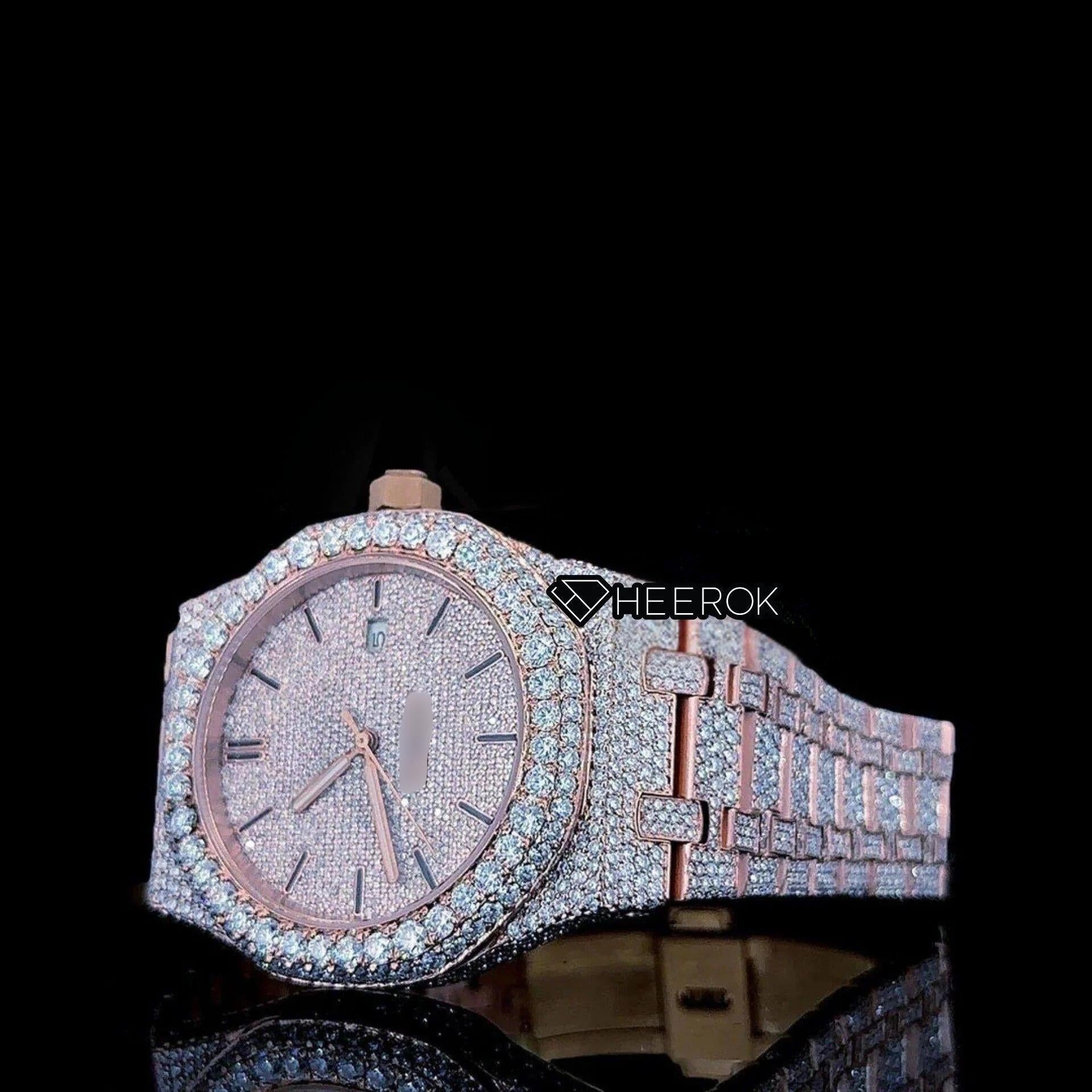 AP Royal Oak Rose Gold Dial Black Stick Markers Diamond Bezel Rose Gold Moissanite Diamond Bracelet