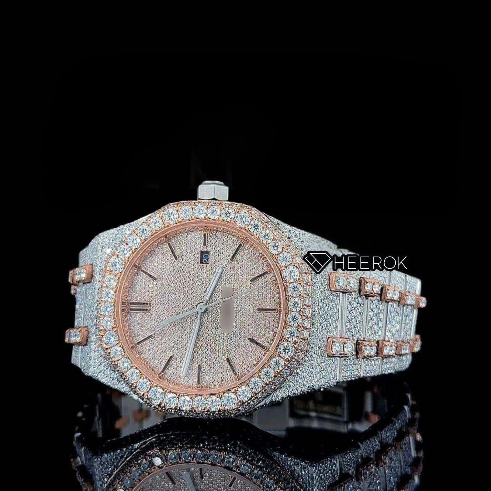 AP Royal Oak Rose Gold Dial Black Stick Markers Diamond Bezel Two Tone Rose Gold Moissanite Diamond Bracelet