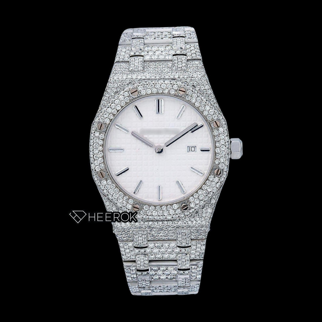 AP Royal Oak White Dial Stick Markers Diamond Bezel Bust Down Moissanite Diamond Watch For Women