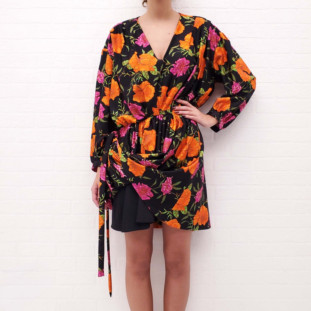 BALENCIAGA BLACK, ORANGE AND PINK FLORAL MINI DRESS WITH TIE - SIZE 38