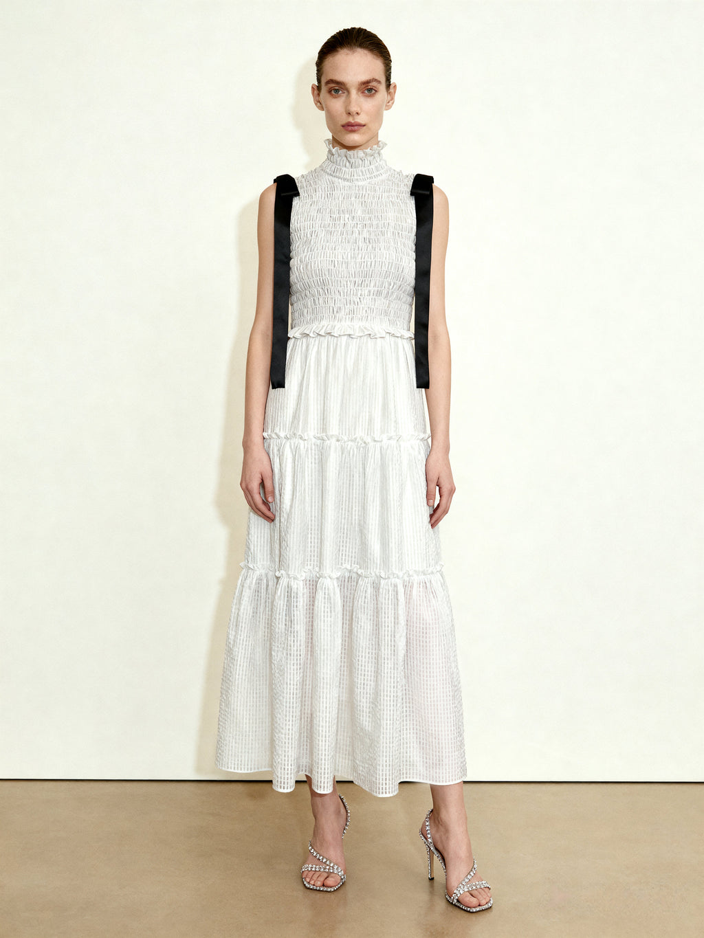 High-Neck Sleeveless Smocked Three-Tier Maxi Dress - White
