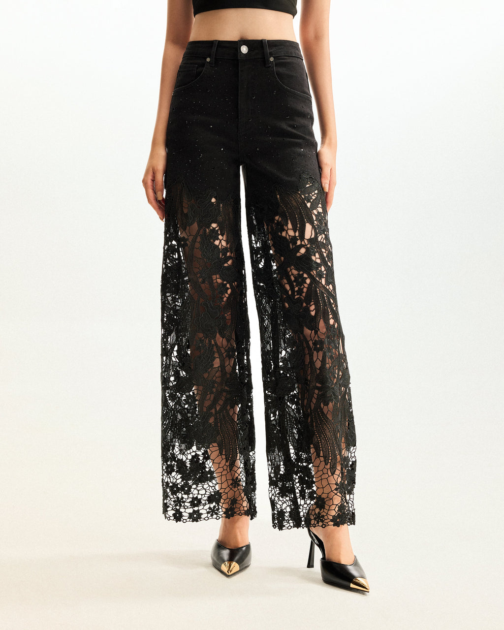 Embroidery High Rise Wide Leg Lace Denim Jeans With Rhinestone - Black