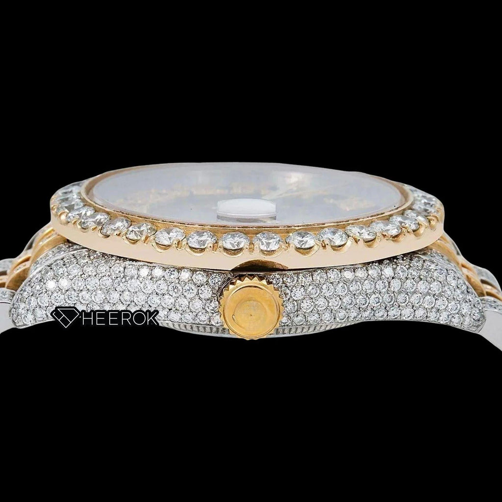 Rolex Datejust Black Dial Roman Diamond Numerals Diamond Bezel Two Tone Yellow Gold Iced Out Moissanite Diamond Jubilee Bracelet For Women