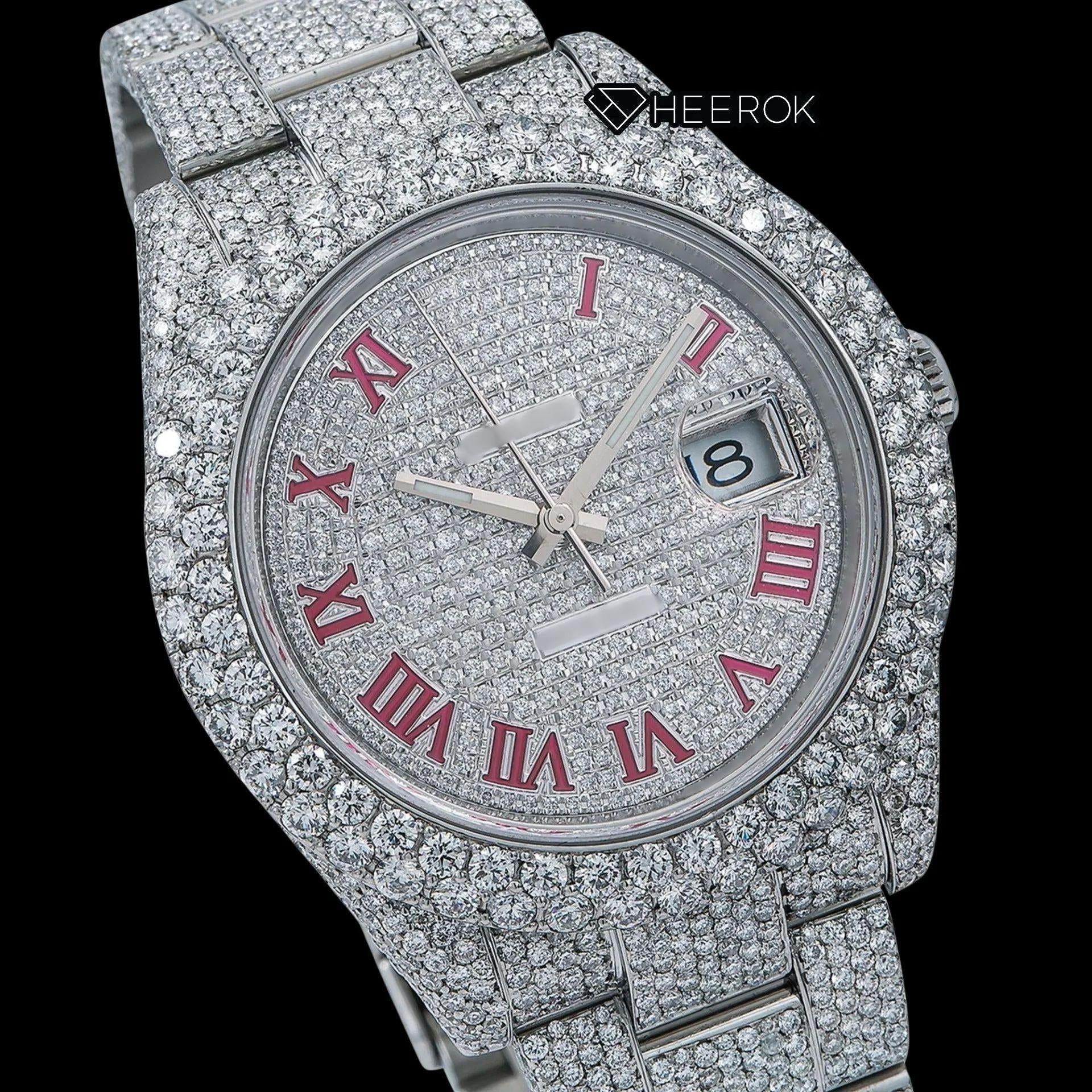 Rolex Datejust Diamond Paved Dial Pink Roman Numerals Diamond Bezel Fully Iced Moissanite Diamond Oyster Bracelet Watch