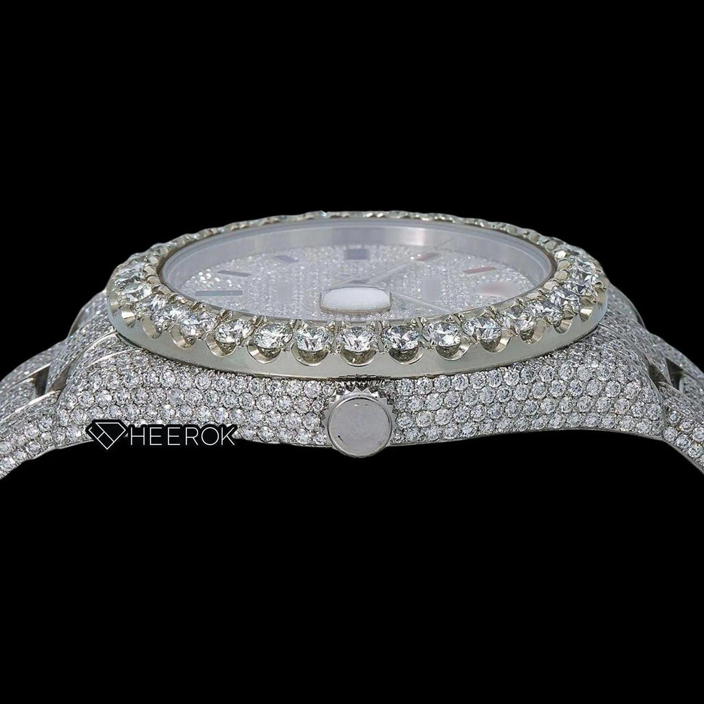 Rolex Datejust Full Diamond Paved Dial Multicolor Stick Markers Diamond Bezel Fully Iced Moissanite Diamond Oyster Bracelet