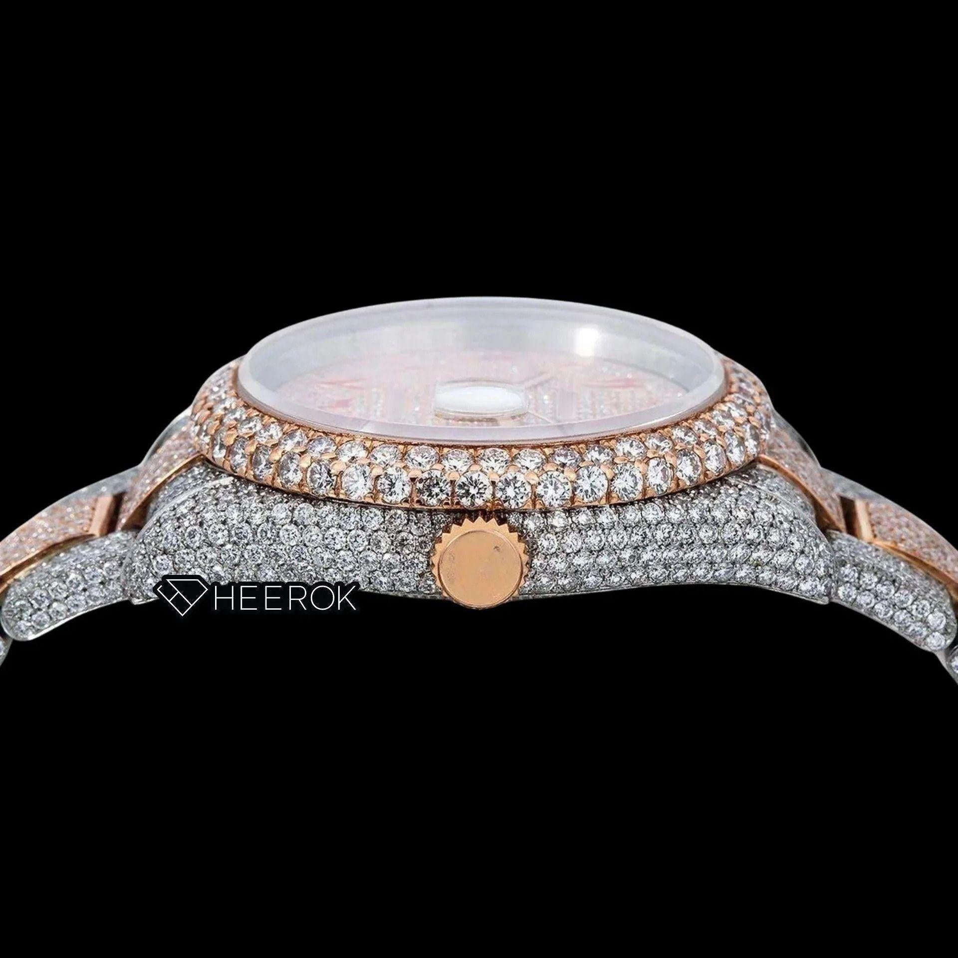 Rolex Datejust Full Diamond Paved Dial Red Arabic Numerals Diamond Bezel Two Tone Rose Gold Fully Iced Moissanite Diamond Oyster Bracelet For Women
