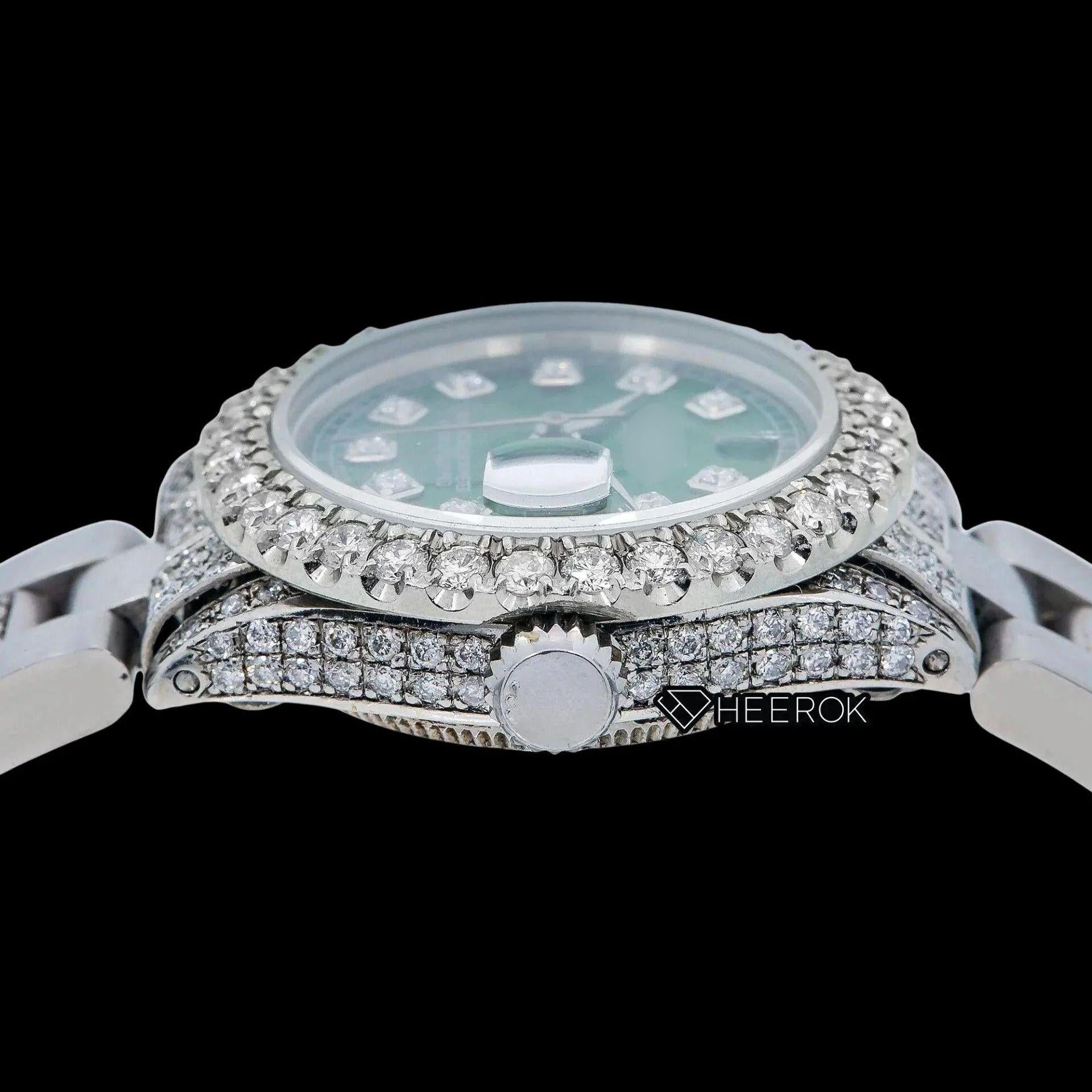 Rolex Datejust Green Dial Diamond Markers Diamond Bezel Semi Iced Moissanite Diamond Oyster Bracelet For Women