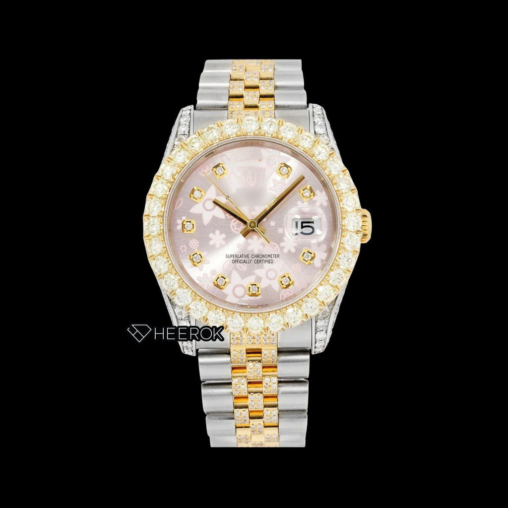 Rolex Datejust Pink Floral Dial Diamond Markers Large Round Diamond Bezel Two Tone Yellow Gold Semi Iced Moissanite Diamond Jubilee Bracelet For Women