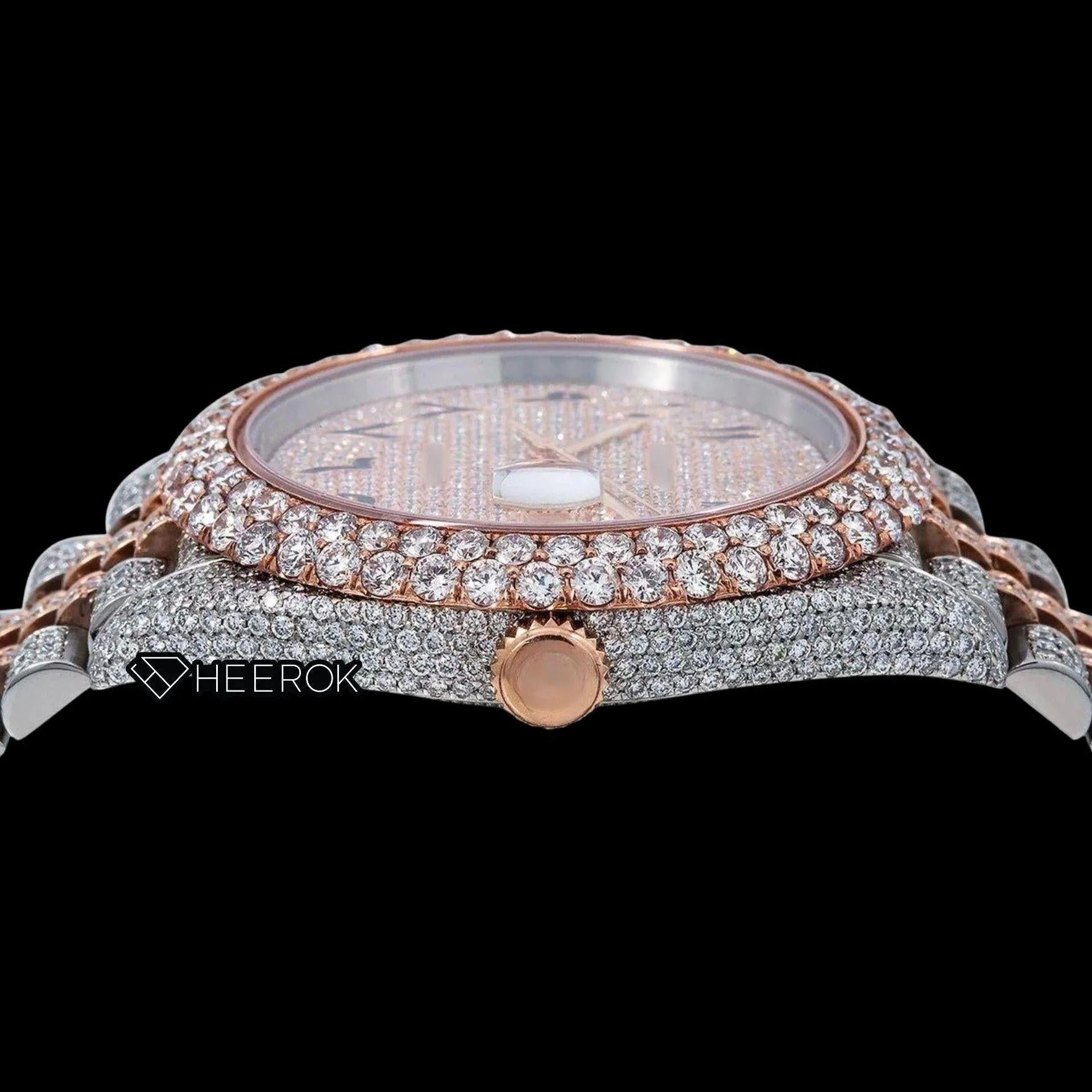 Rolex Datejust Rose Gold Diamond Paved Dial Arabic Numerals Diamond Bezel Two Tone Rose Gold Fully Iced Moissanite Diamond Jubilee Bracelet