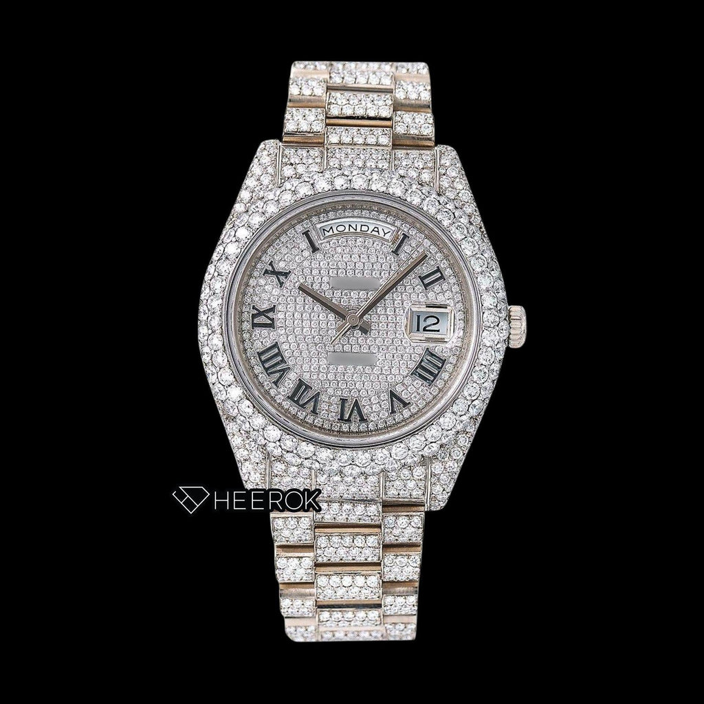 Rolex Day-Date Full Diamond Paved Dial Black Roman Numerals Diamond Bezel Fully Iced Out Moissanite Diamond President Bracelet