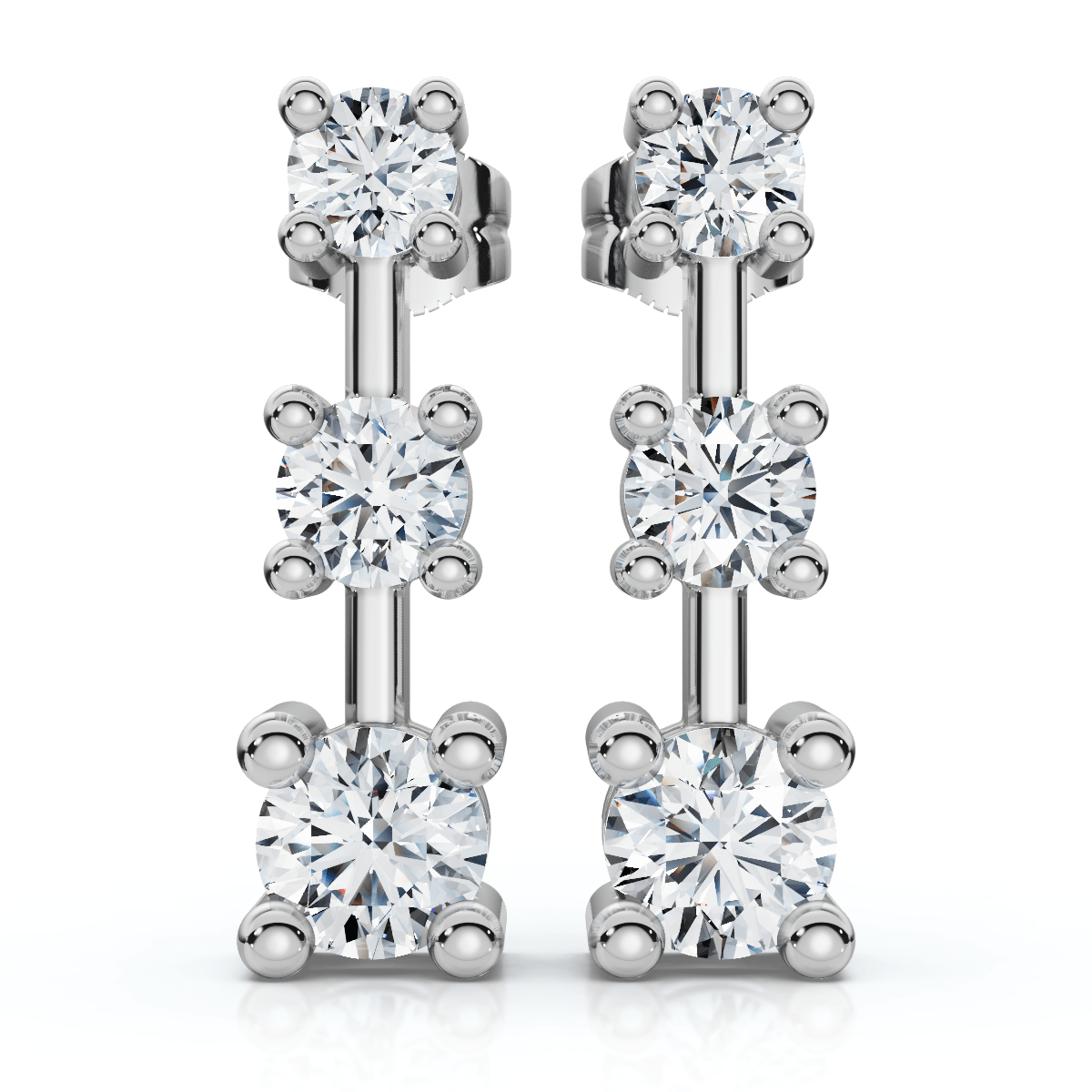 1Ct Three Stone Drop Earrings 10k Gold Lab Grown 5/8" Tall Push Back