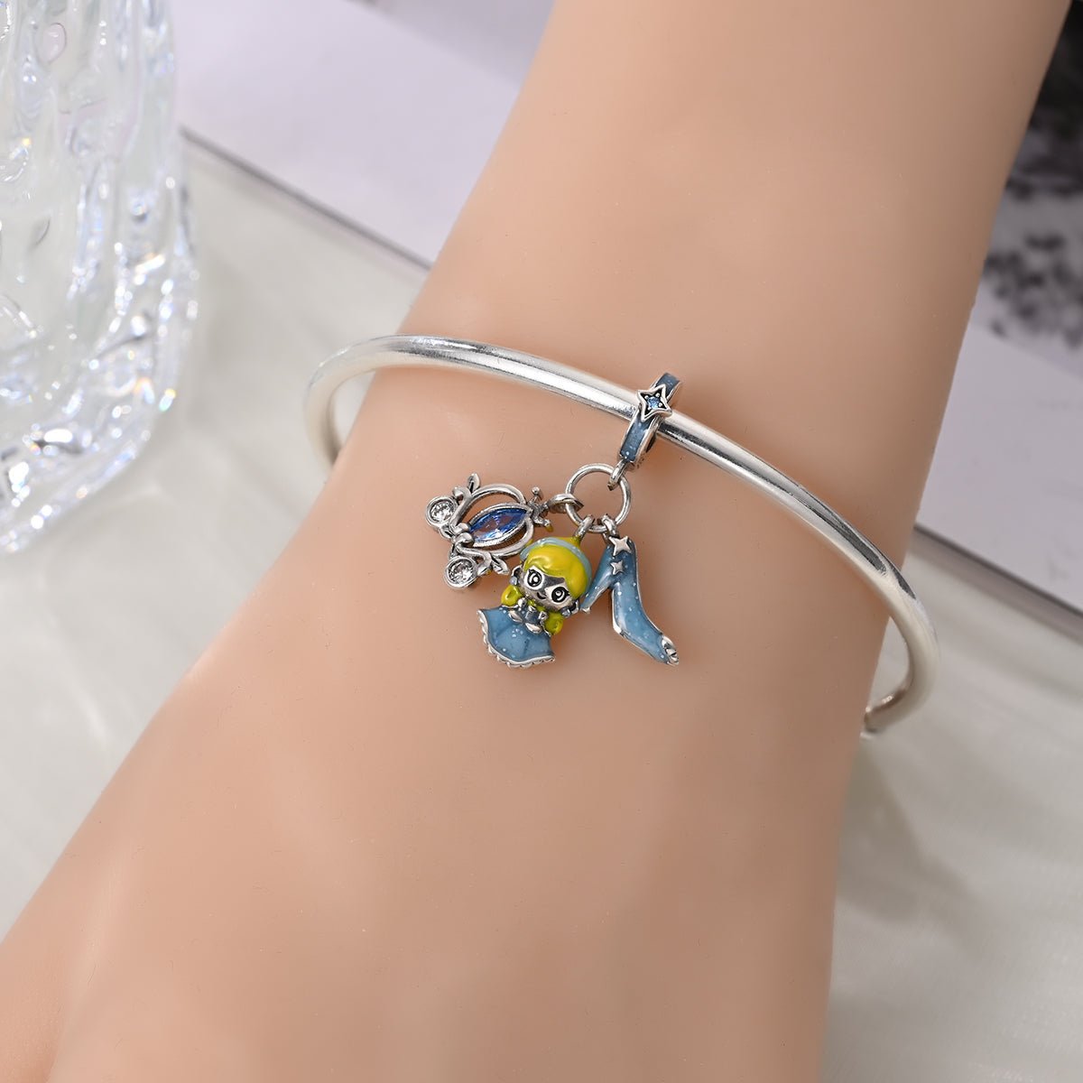 Cinderella with Blue Dress, Glass Slipper, & Carriage Dangle Charm