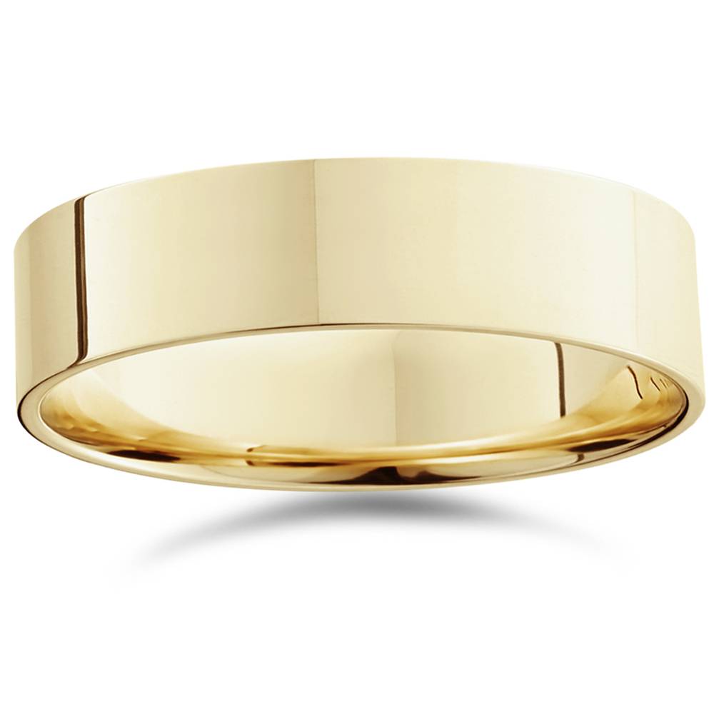 6mm Flat High Polished Wedding Band 14K Yellow Gold Size Selectable